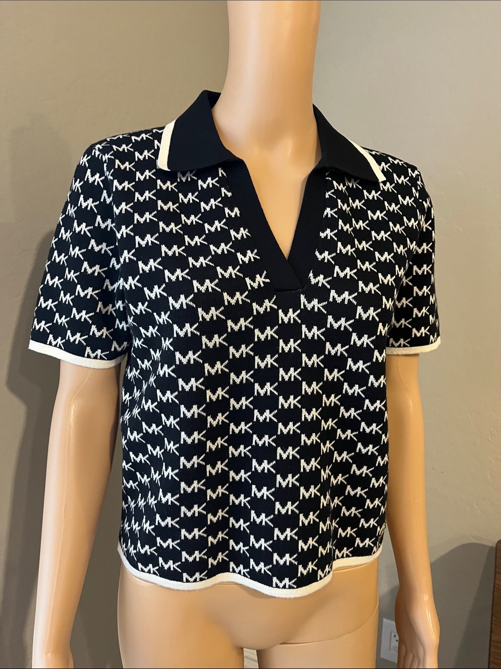 Michael Kors Black and White MK Logo Knit Polo Top S